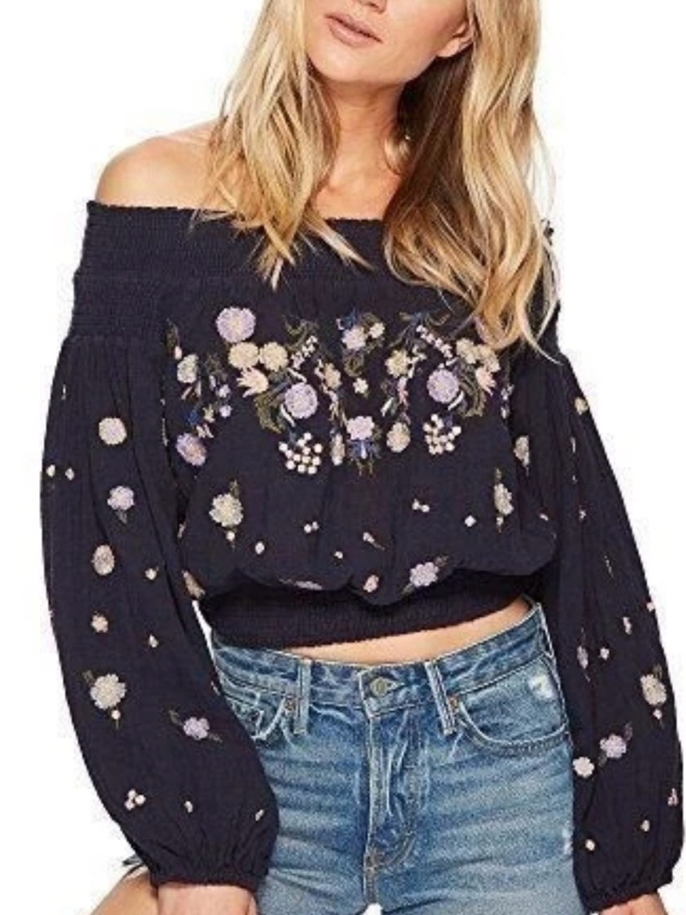 Free People Saachi Off Shoulder Blue Floral Embroidered Boho Peasant Blouse  S
